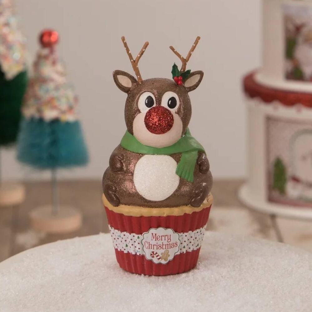 New Bethany Lowe Rudolph Reindeer Cupcake Christmas Container Jar